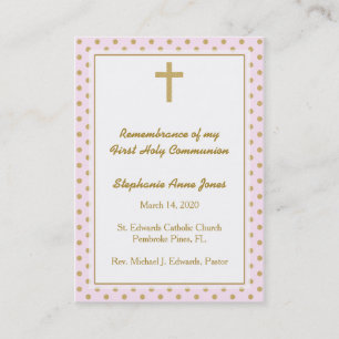 Carte De Visite Communion rose avec Pois d'or
