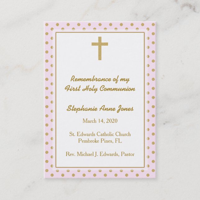 Carte De Visite Communion rose avec Pois d'or (Devant)