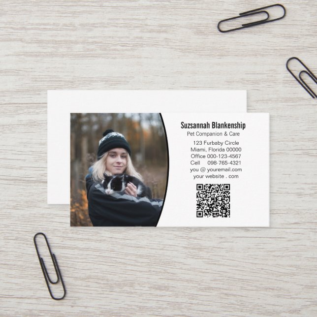 Carte De Visite Compagnon d'animalerie Noir Blanc Code QR personna (Devant/Arrière en situation)