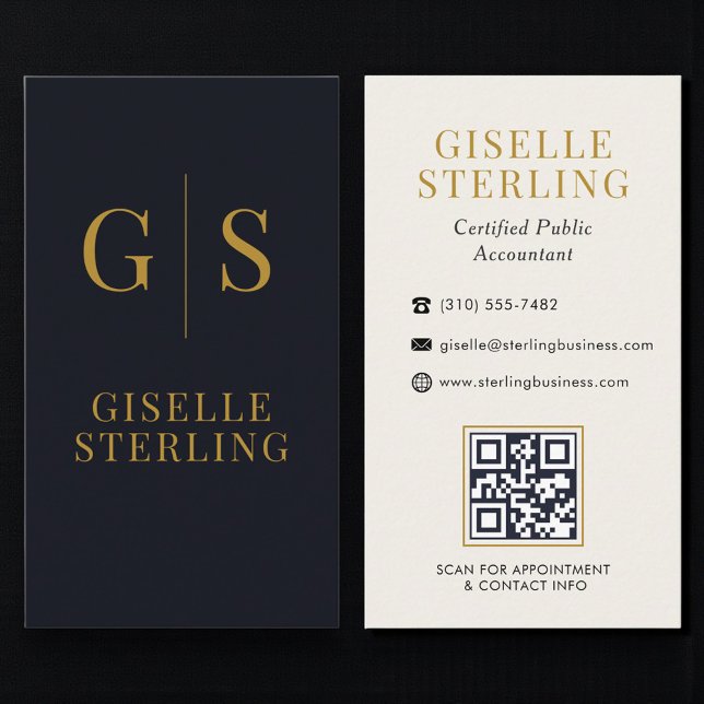 Carte De Visite Comptable CPA Monogramme Code QR Noir Or (Créateur téléchargé)