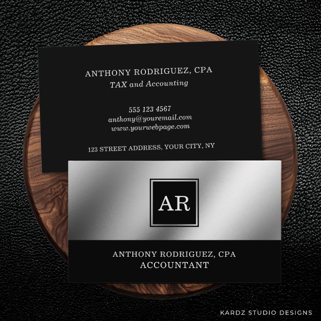 Carte De Visite Comptable Monogramme moderne Silver (This accountant business card is shown in a 3.5 x 2.0 inch. Choose desired size before checkout.)
