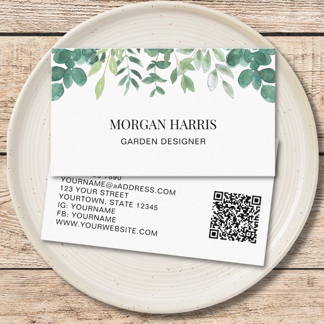 Carte De Visite Concepteur de jardin de code QR Aquarelle verdure (Créateur téléchargé)
