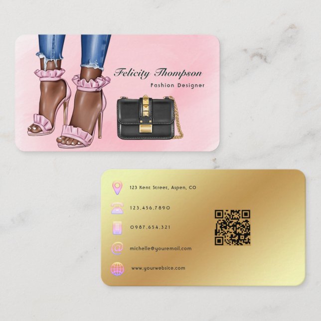 Carte De Visite Concepteur de mode rose et or Code QR (Devant / Derrière)