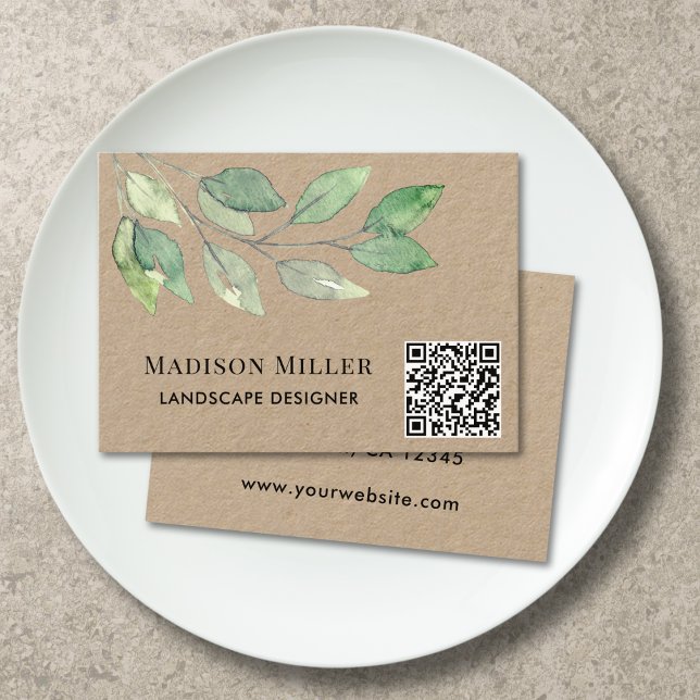 Carte De Visite Concepteur de paysages QR Code Aquarelle Végétatio (Créateur téléchargé)