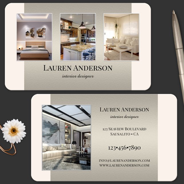 Carte De Visite Concepteur de portfolio d'intérieur (Portfolio interior design professional business card in tan metal with custom colors)