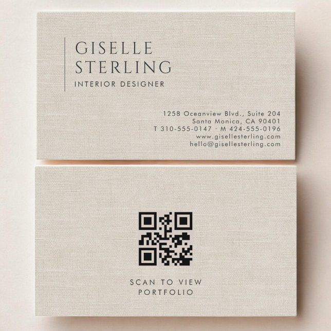 Carte De Visite Concepteur d'intérieur Code QR Lin neutre Luxe (Créateur téléchargé)