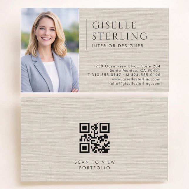 Carte De Visite Concepteur d'intérieur Code QR Photo Lin (Créateur téléchargé)