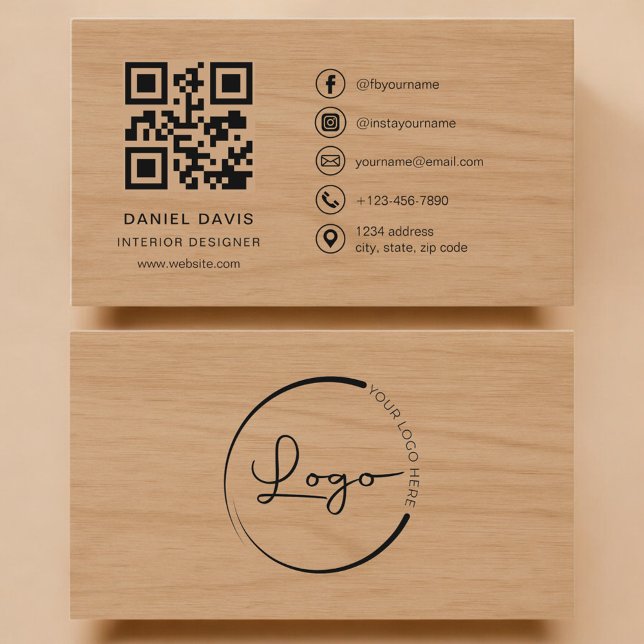 Carte De Visite Concepteur d'intérieur Code QR professionnel bois (Créateur téléchargé)