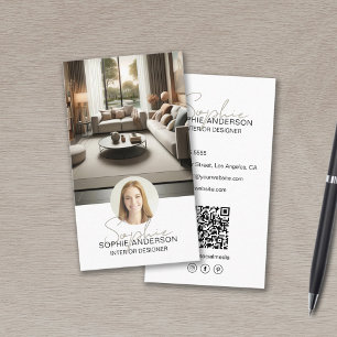 Carte De Visite Concepteur d'intérieur Nom Script Photo QR Blanc