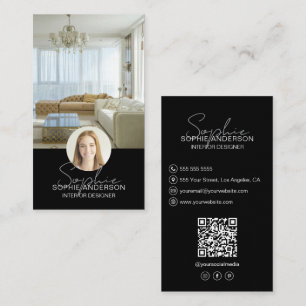 Carte De Visite Concepteur d'intérieur Photo QR Nom de Script Noir