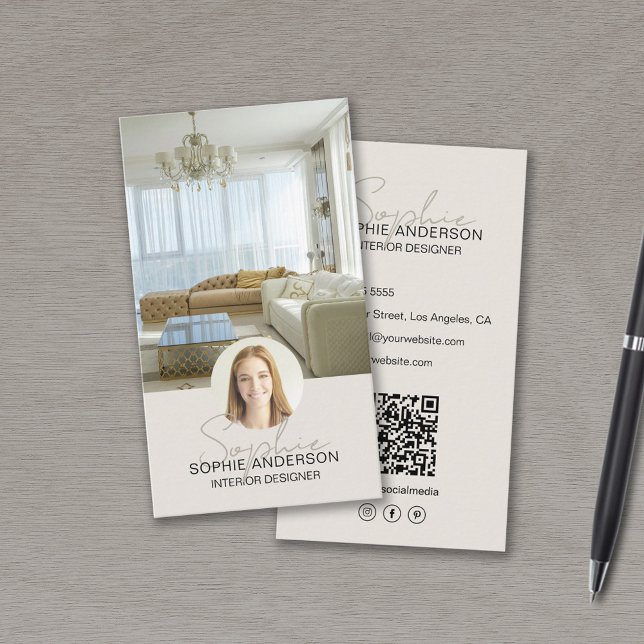 Carte De Visite Concepteur d'intérieur Photo QR Nom de script Tan (Interior Designer Photo QR Script Name Tan Business Card)