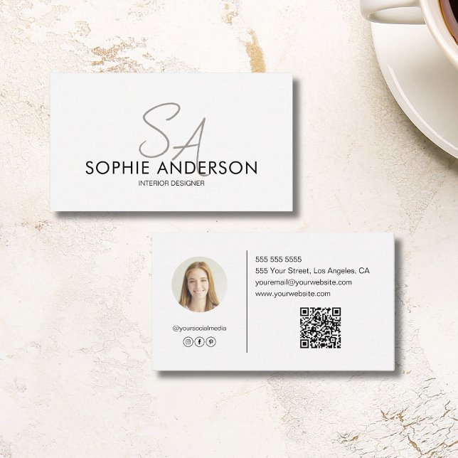 Carte De Visite Concepteur QR de photo de monogramme moderne profe (Modern Monogram Photo QR Designer Professional Business Card)
