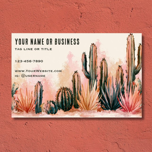 Carte De Visite Conception aquarelle de cactus du désert Boho (Boho Desert Cactus Watercolor Design Business Card Front)