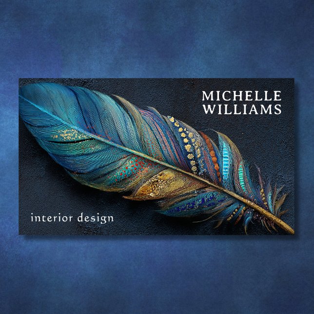 Carte De Visite Conception Artistique Bohème Gras Turquoise Or (Bold Boho Teal Blue Gold Feather Artistic Design Business Card Front)