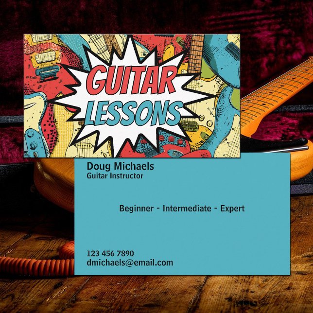 Carte De Visite Conception de bande dessinée rétro Cours de guitar (Créateur téléchargé)