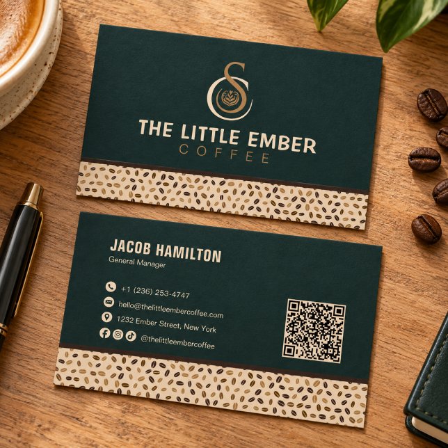 Carte De Visite Conception de code QR pour café en vert foncé et b (Créateur téléchargé)