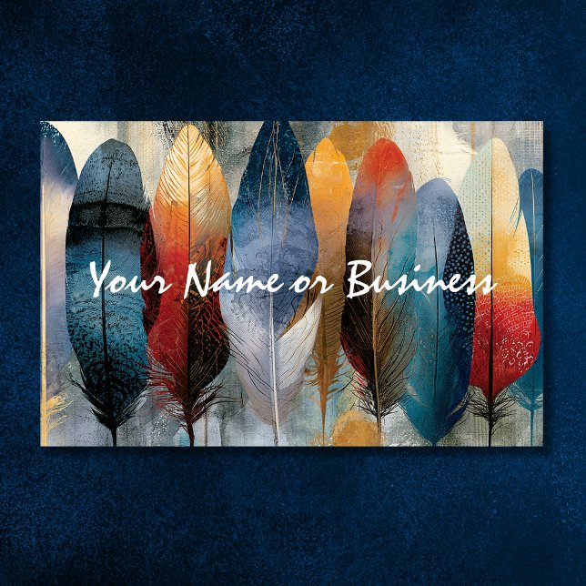 Carte De Visite Conception de contact de code QR de plume bohème c (Colorful Boho Feather QR Code Contact Design Business Card Front)