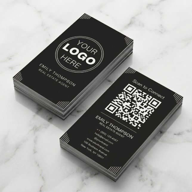 Carte De Visite Conception de contact QR minimale Art déco noir (Black Luxury QR Code Business Card | Minimalist Art Deco Branding)