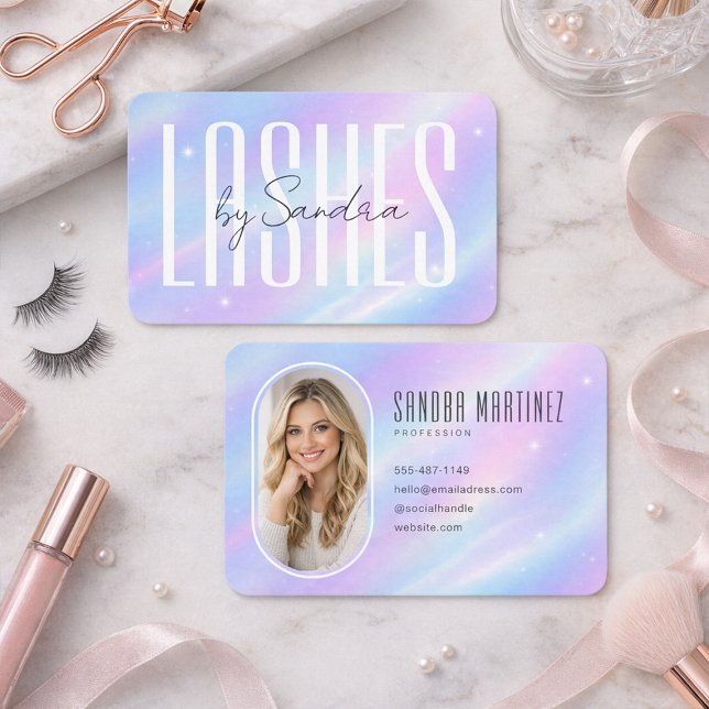 Carte De Visite Conception de la marque d'artiste de cils iridesce (Holographic Lash Artist Business Card Branding)
