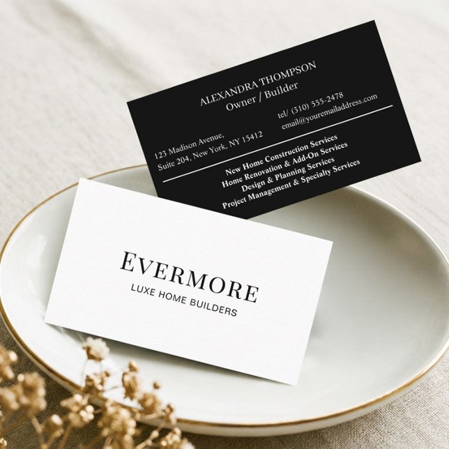 Carte De Visite Conception de rénovation de contracteur de maison  (Luxe Black White Monogram Home Contractor Remodel Business Card)