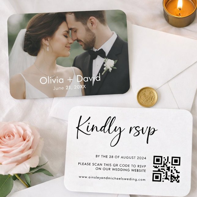 Carte De Visite Conception de réponse RSVP pour photo et texte de  (Modern wedding RSVP QR code card with photo)
