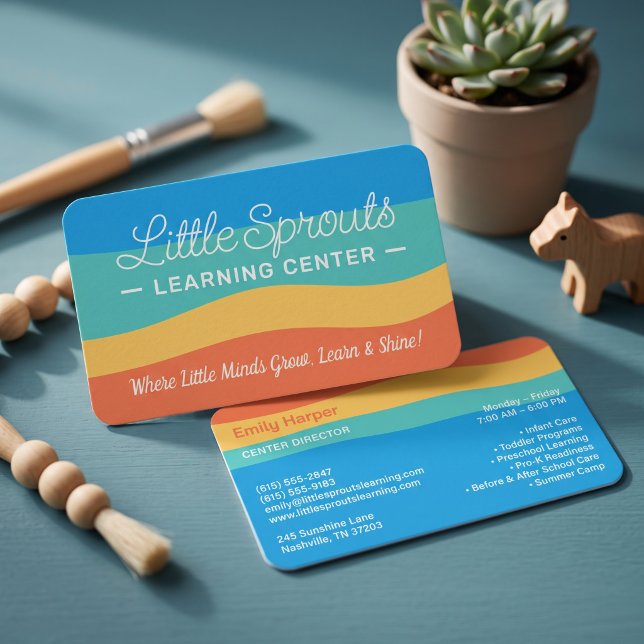Carte De Visite Conception de vague arc-en-ciel ludique (Simulated business cards on table)