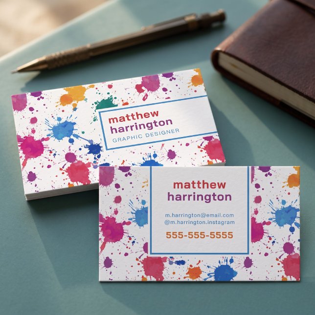Carte De Visite Conception d'éclaboussures de peinture abstraite c (Simulated business cards on table)