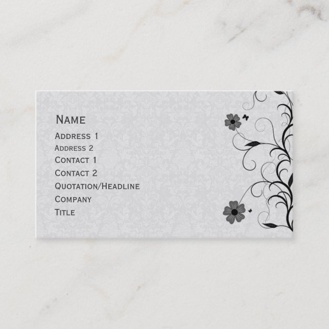 Carte De Visite Conception florale noire et blanche élégante (Devant)