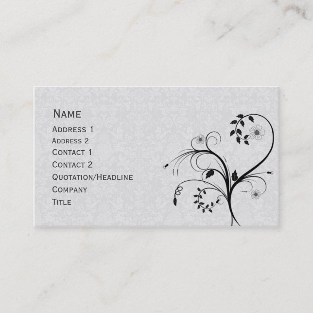 Carte De Visite Conception florale noire et blanche élégante (Devant)