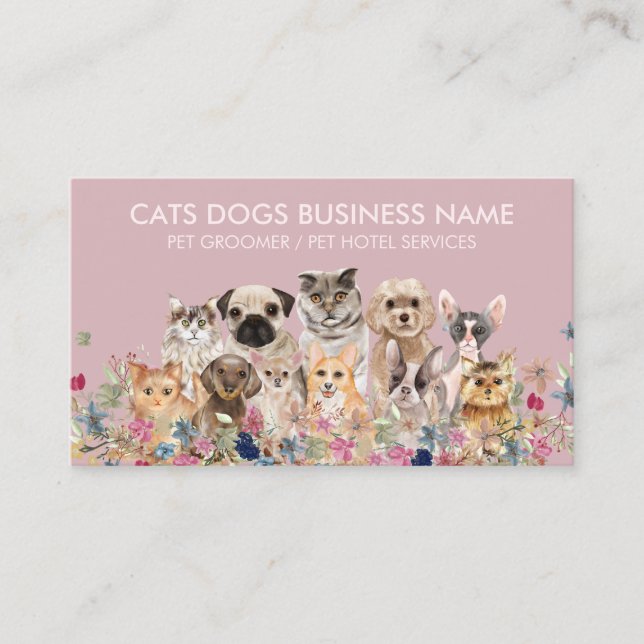 Carte De Visite Conception florale rose avec chats chiens (Devant)