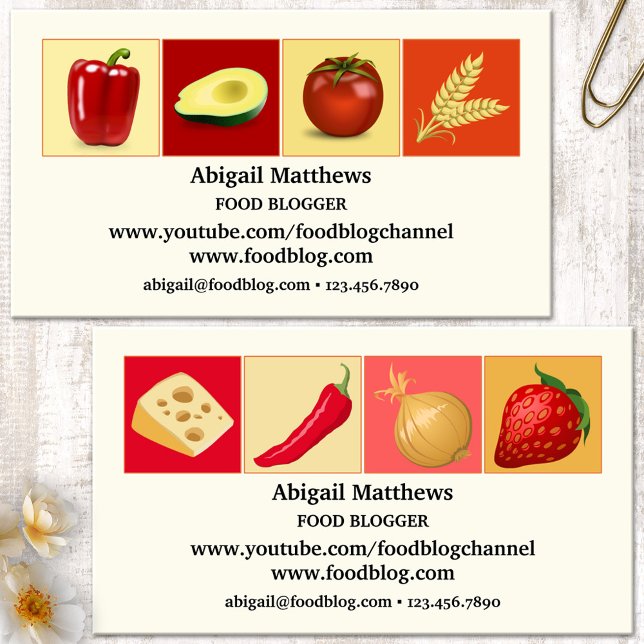 Carte De Visite Conception Simple Moderne de Blogueur Culinaire (Modern business card featuring imagery of different foods on colorful backgrounds - food blogger)