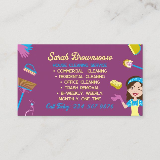 Carte De Visite Concierge Violet Bleu Jaune nettoyage Entretiens (Devant)