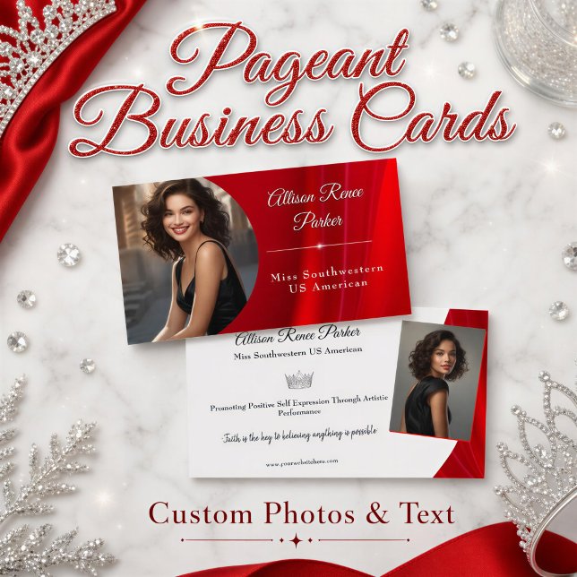 Carte de visite Concours de Beauté Ruby Shine (Create a regal red photo business card to promote your pageant platform or title, custom photo, text)