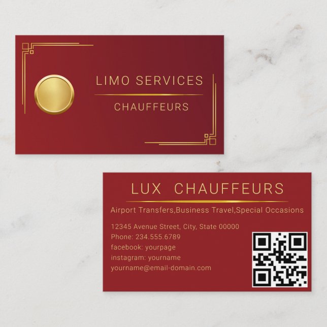Carte De Visite Conducteur de service Limo, Cabine, Taxi Golden QR (Devant / Derrière)