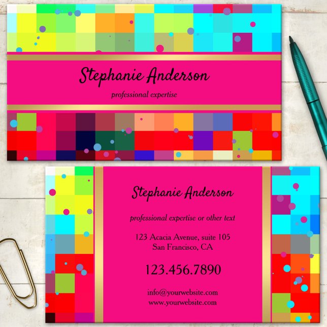 Carte De Visite Confetti Abstrait Couleurs Vives (A colorful eye catching abstract business card featuring a checkered pattern with festive confetti )