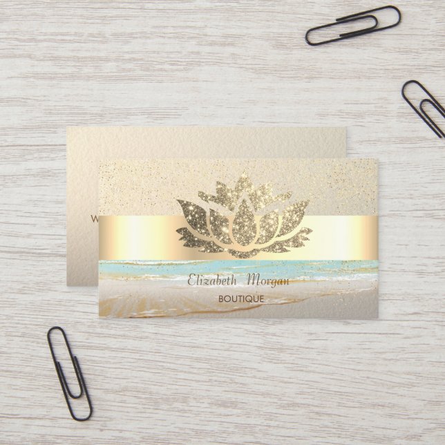 Carte De Visite Confetti doré moderne, rayure, bleu, Lotus  (Devant/Arrière en situation)