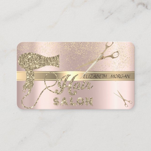 Carte De Visite Confettis dorés,Ciseaux,Sèche-cheveux Rose Gold (Devant)