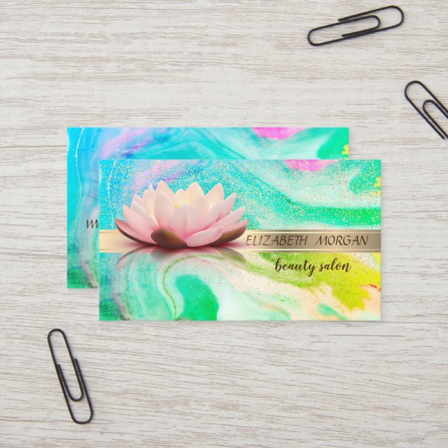 Carte De Visite Confettis élégants à rayure dorée, Lotus, Marbre v (Devant/Arrière en situation)
