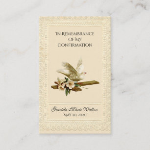 Carte De Visite Confirmation du souvenir Gold Dove Cross Lily Lace