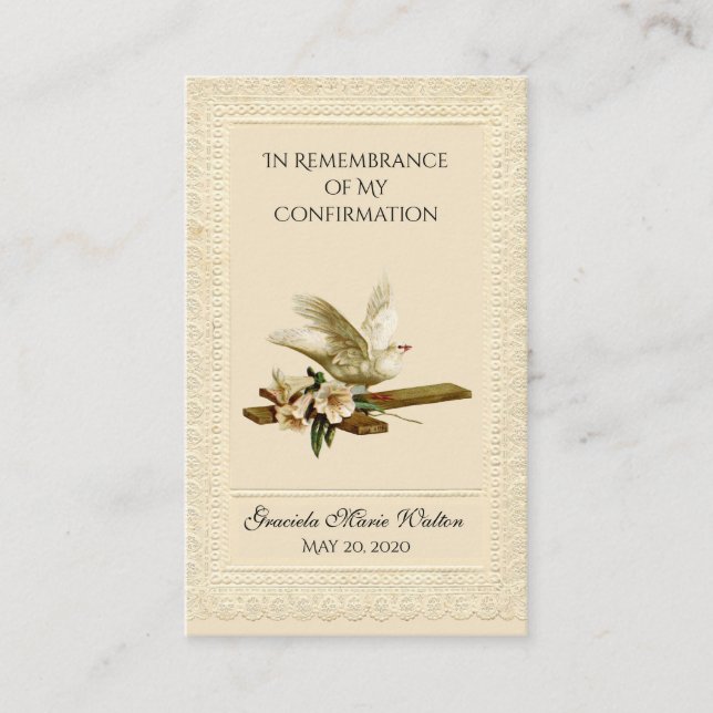 Carte De Visite Confirmation du souvenir Gold Dove Cross Lily Lace (Devant)