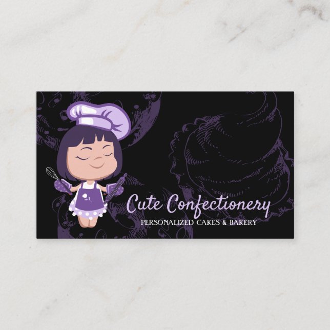 Carte De Visite Confiserie Baker violet fille pâtisserie Chef noir (Devant)