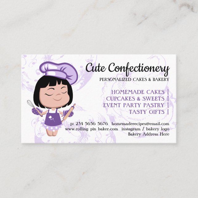 Carte De Visite confiserie Boulangerie mignonne fille Cartoon Chef (Devant)
