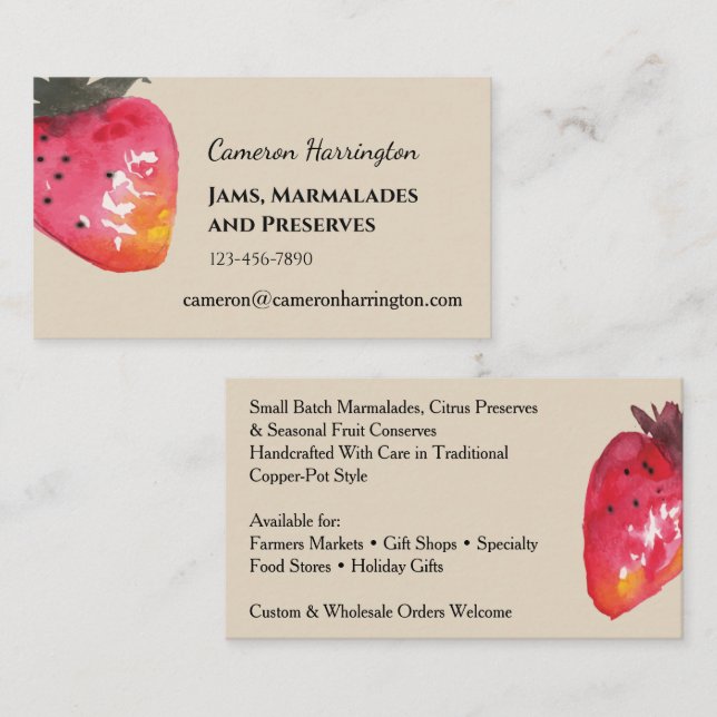 Carte De Visite Confit de fraises à l'aquarelle Artisan            (Devant / Derrière)