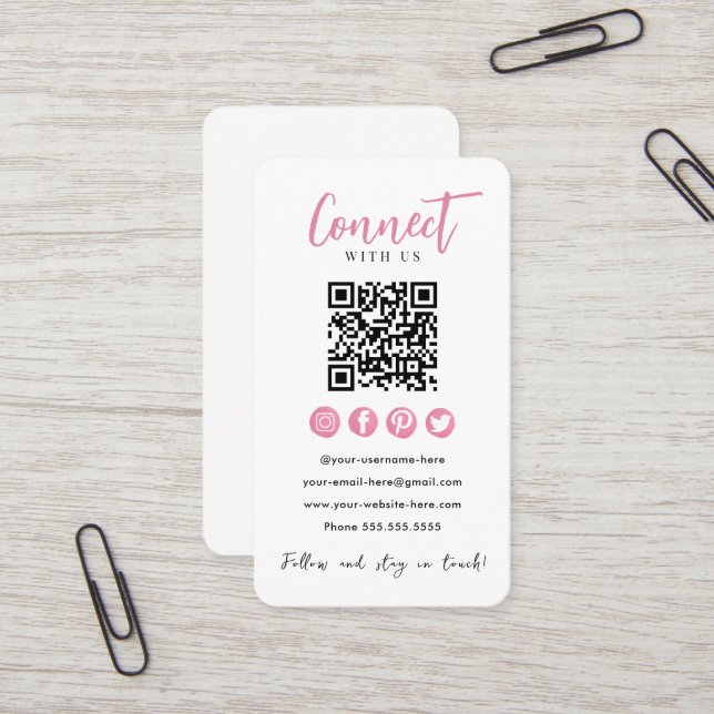 Carte De Visite Connectez-vous aux médias sociaux roses blanc QR C (Devant/Arrière en situation)
