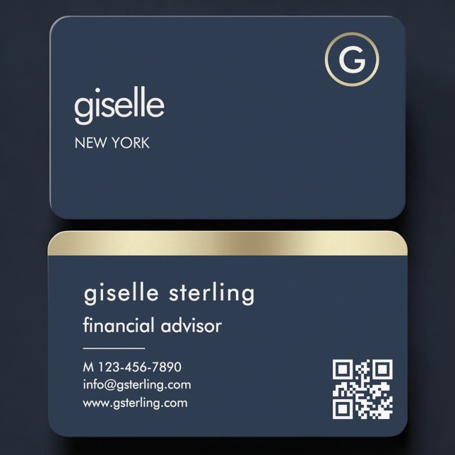 Carte De Visite Conseiller financier Code QR bleu marine or (Créateur téléchargé)