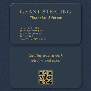 Carte De Visite Conseiller financier Code QR Minimal Bleu Nuit Or