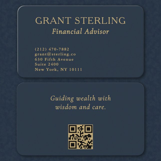 Carte De Visite Conseiller financier Code QR Minimal Bleu Nuit Or (Créateur téléchargé)