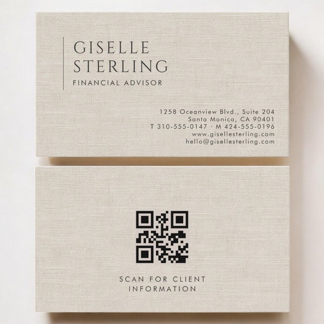 Carte De Visite Conseiller financier Luxe Lin QR Code neutre (Créateur téléchargé)