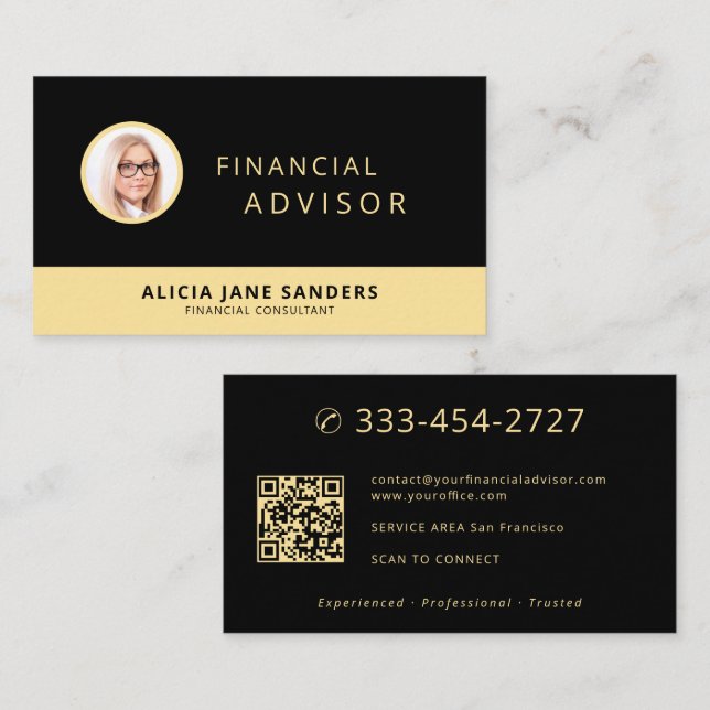 Carte De Visite Conseiller financier luxe noir or photo code QR (Devant / Derrière)