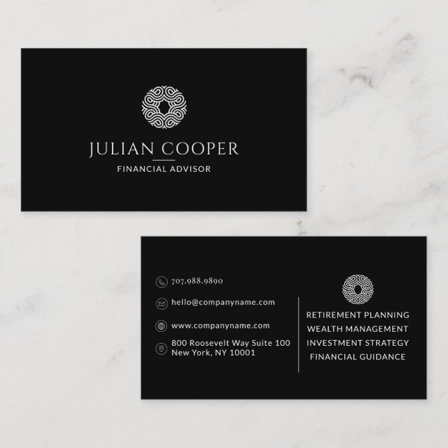 Carte De Visite Conseiller financier moderne noir (Devant / Derrière)